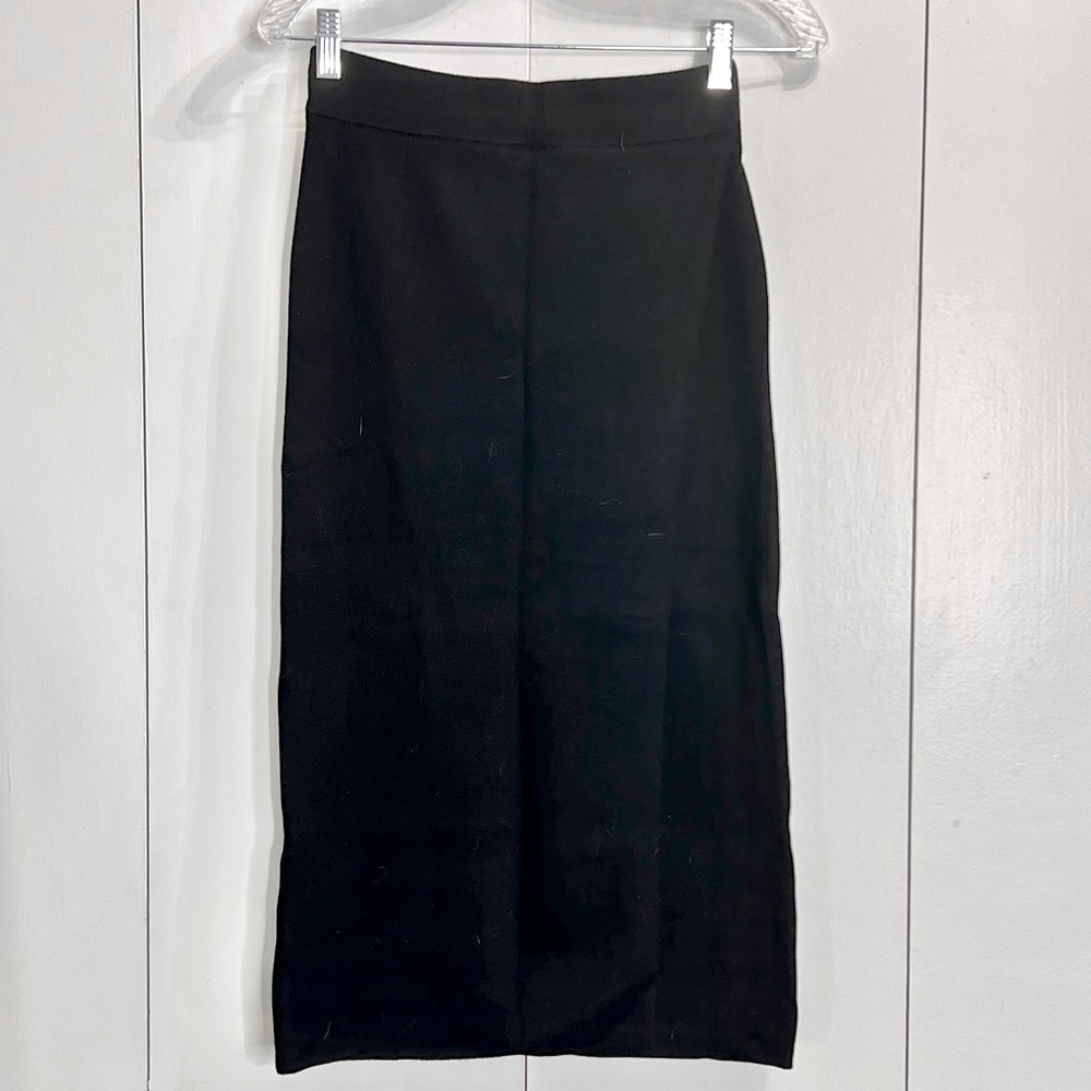 Banana Republic black high waisted wrap style knit midi skirt.